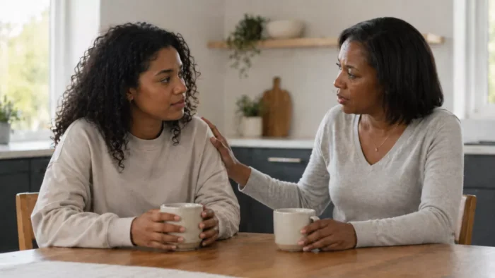 mother talking to young adult daughter in kitchen