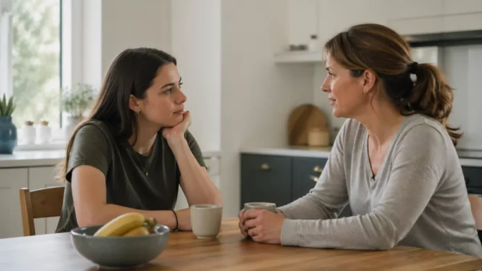 Mother talking to young adult daughter about therapy