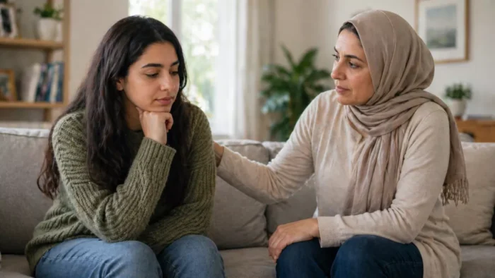 Mother and young adult daughter talking in the lounge