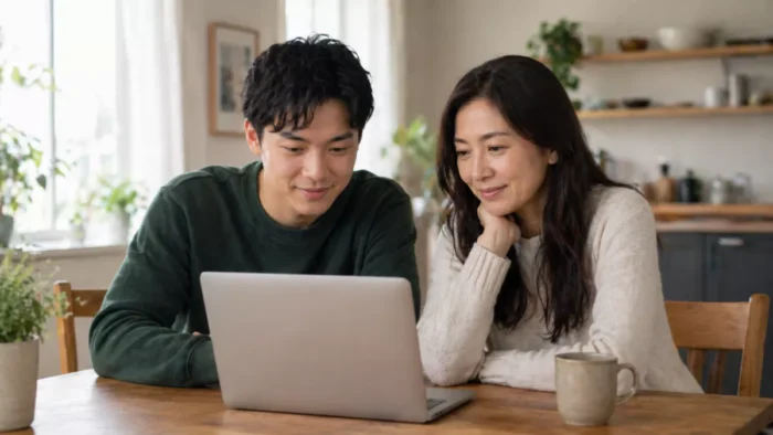Mother helping young adult son make a first contact online